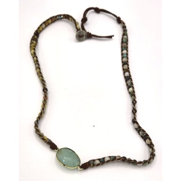 Faceted  Glass  Stone In Bezel Set With Beaded Cord Necklace - Picture 1 of 4